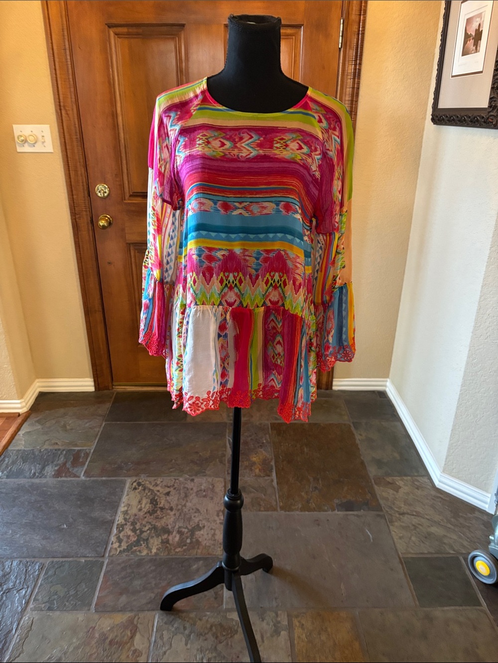 Johnny Was Multicolor Pink Blue Green Patchwork Boho Tunic